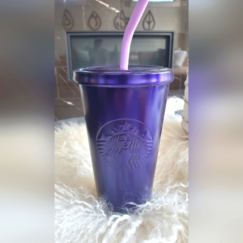 STARBUCKS Purple Metallic Tumbler with Straw- Stainless Steel NWOT